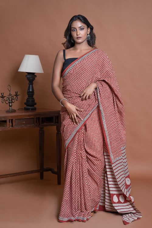ICH Bagru Statements. Hand Block Printed Mul Cotton Saree - Brick Buds