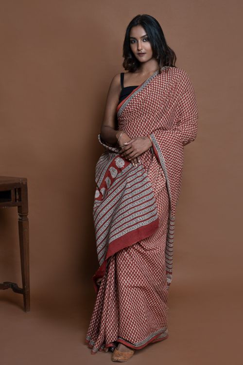 ICH Bagru Statements. Hand Block Printed Mul Cotton Saree - Brick Buds