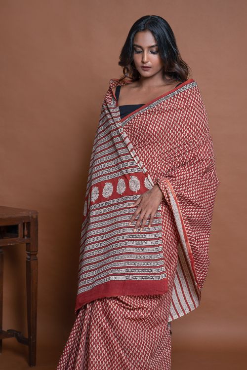 ICH Bagru Statements. Hand Block Printed Mul Cotton Saree - Brick Buds