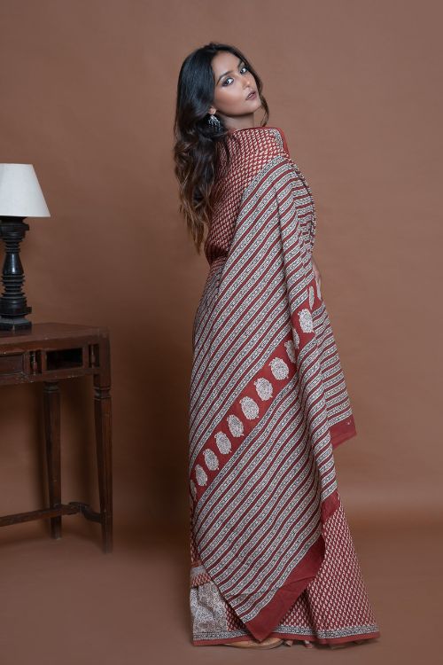 ICH Bagru Statements. Hand Block Printed Mul Cotton Saree - Brick Buds