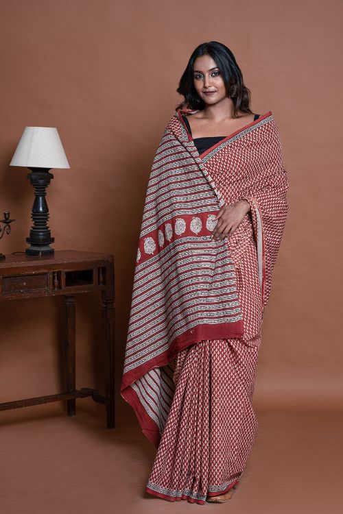 ICH Bagru Statements. Hand Block Printed Mul Cotton Saree - Brick Buds