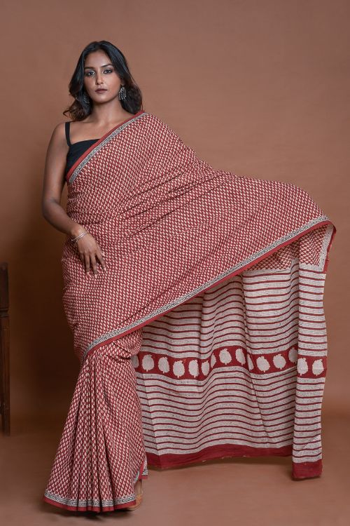 ICH Bagru Statements. Hand Block Printed Mul Cotton Saree - Brick Buds