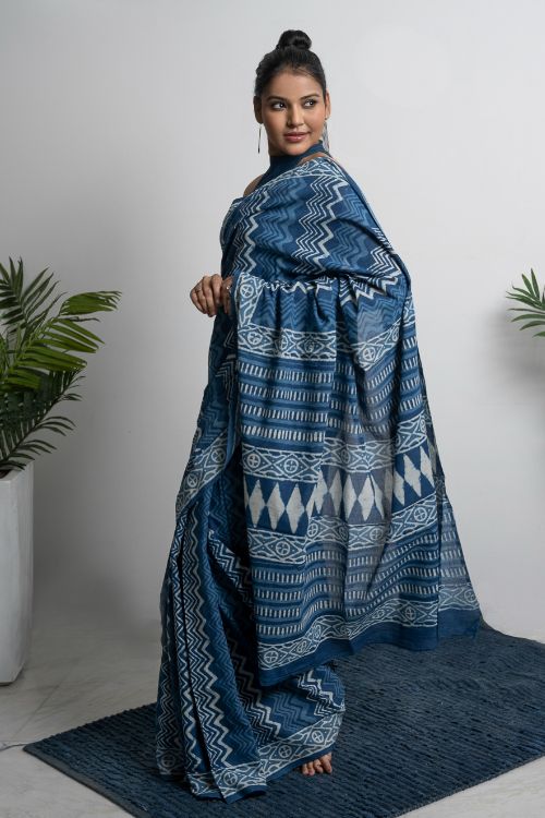 ICH Cotton Appeal. Dabu Hand Block Printed Mul Cotton Saree -Blue Zigzags