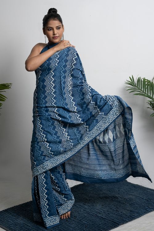 ICH Cotton Appeal. Dabu Hand Block Printed Mul Cotton Saree -Blue Zigzags