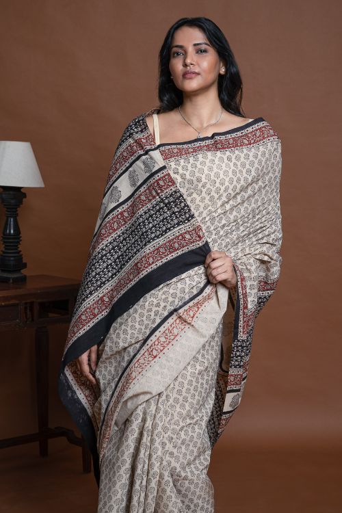 ICH Bagru Statements. Hand Block Printed Mul Cotton Saree - Beige Florets