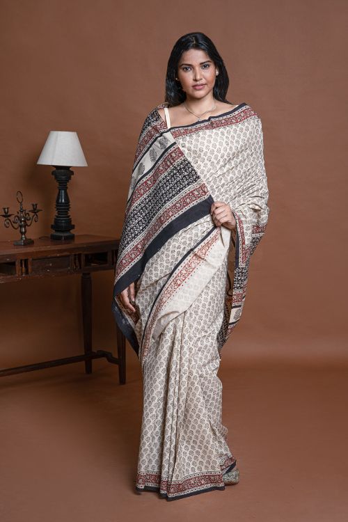 ICH Bagru Statements. Hand Block Printed Mul Cotton Saree - Beige Florets