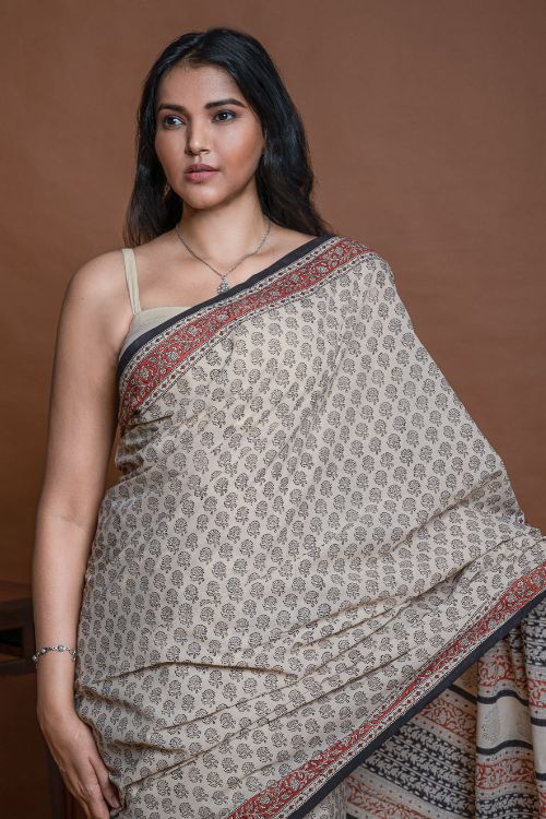 ICH Bagru Statements. Hand Block Printed Mul Cotton Saree - Beige Florets
