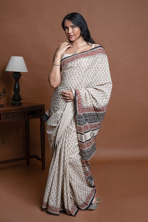 ICH Bagru Statements. Hand Block Printed Mul Cotton Saree - Beige Florets