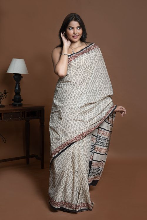 ICH Bagru Statements. Hand Block Printed Mul Cotton Saree - Beige Florets