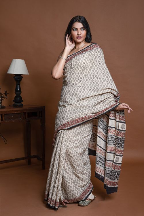ICH Bagru Statements. Hand Block Printed Mul Cotton Saree - Beige Florets