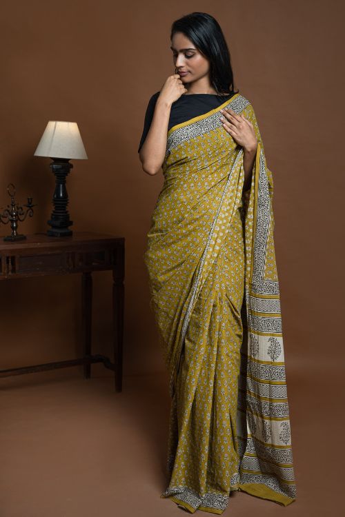 ICH Bagru Statements. Hand Block Printed Mul Cotton Saree - Ochre Flora