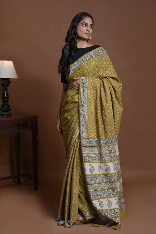 ICH Bagru Statements. Hand Block Printed Mul Cotton Saree - Ochre Flora
