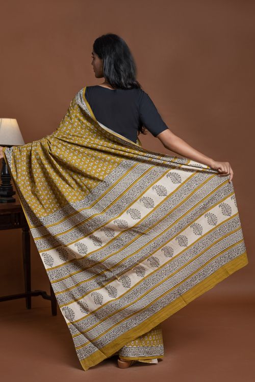 ICH Bagru Statements. Hand Block Printed Mul Cotton Saree - Ochre Flora
