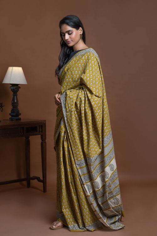 ICH Bagru Statements. Hand Block Printed Mul Cotton Saree - Ochre Flora
