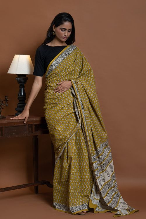 ICH Bagru Statements. Hand Block Printed Mul Cotton Saree - Ochre Flora