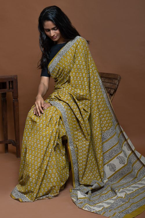 ICH Bagru Statements. Hand Block Printed Mul Cotton Saree - Ochre Flora