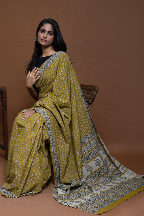ICH Bagru Statements. Hand Block Printed Mul Cotton Saree - Ochre Flora
