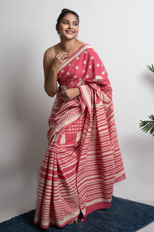 ICH Sanganer Statements. Hand Block Printed Mul Cotton Saree - Pretty Pink