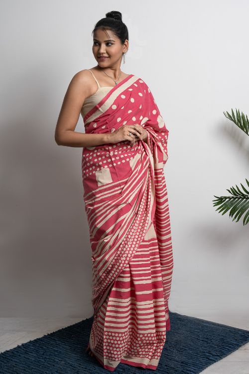 ICH Sanganer Statements. Hand Block Printed Mul Cotton Saree - Pretty Pink