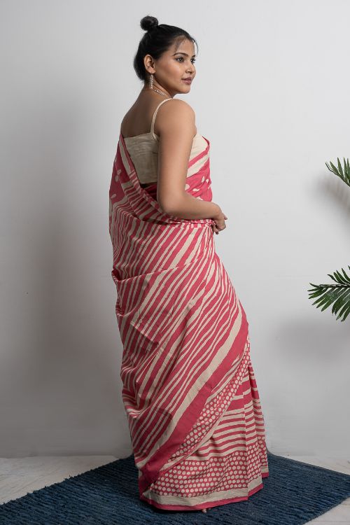 ICH Sanganer Statements. Hand Block Printed Mul Cotton Saree - Pretty Pink