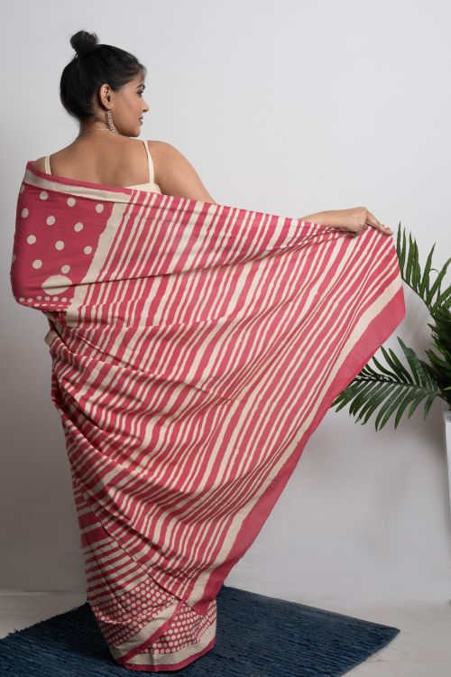ICH Sanganer Statements. Hand Block Printed Mul Cotton Saree - Pretty Pink