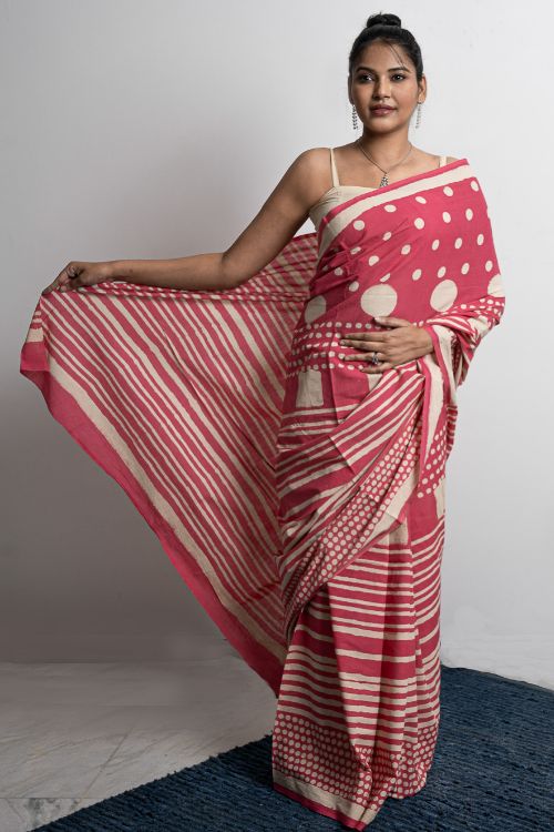 ICH Sanganer Statements. Hand Block Printed Mul Cotton Saree - Pretty Pink