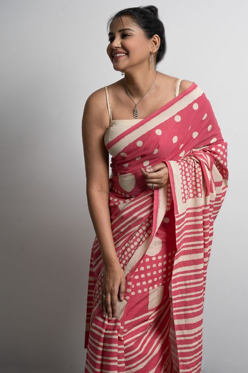 ICH Sanganer Statements. Hand Block Printed Mul Cotton Saree - Pretty Pink