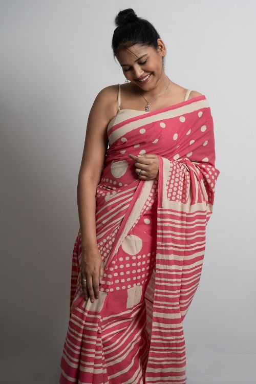 ICH Sanganer Statements. Hand Block Printed Mul Cotton Saree - Pretty Pink