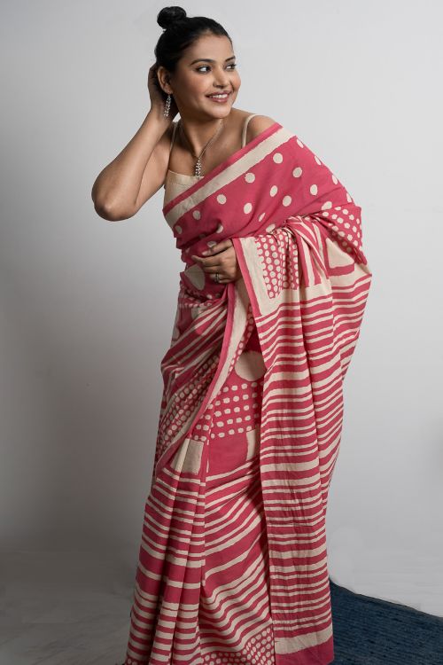 ICH Sanganer Statements. Hand Block Printed Mul Cotton Saree - Pretty Pink
