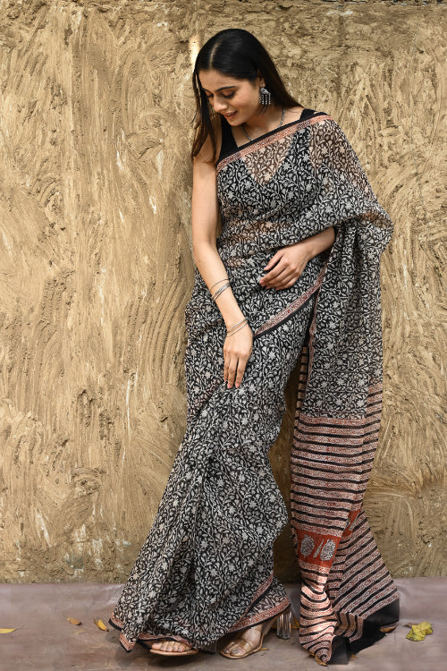 The ICH Bagru Statements : Hand Block Printed Kota Doria Saree - Vanshika - Black, Off-White And Red