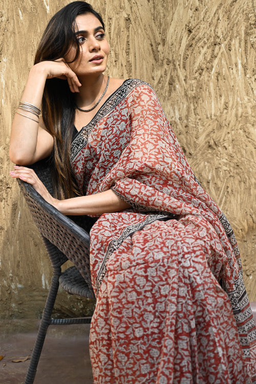 The ICH Bagru Statements : Hand Block Printed Kota Doria Saree - Kusum Rekha