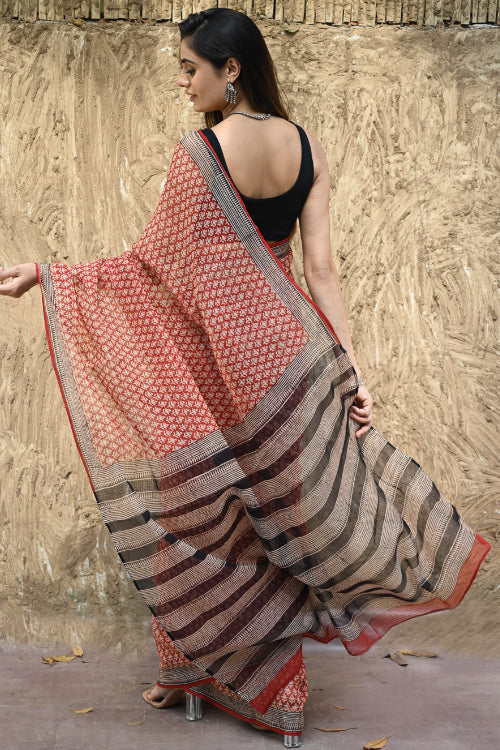 The ICH Bagru Statements : Hand Block Printed Kota Doria Saree - Rakta Valli