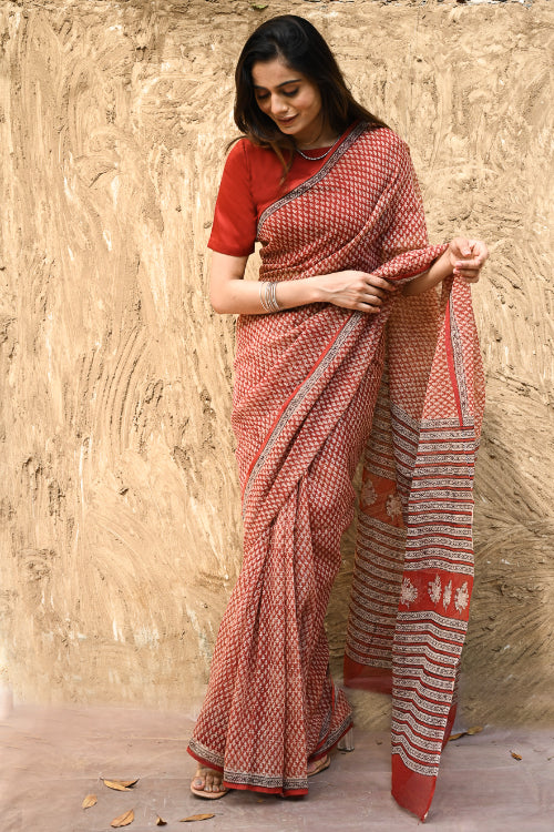 The ICH Bagru Statements : Hand Block Printed Kota Doria Saree - Kusuma Dhara