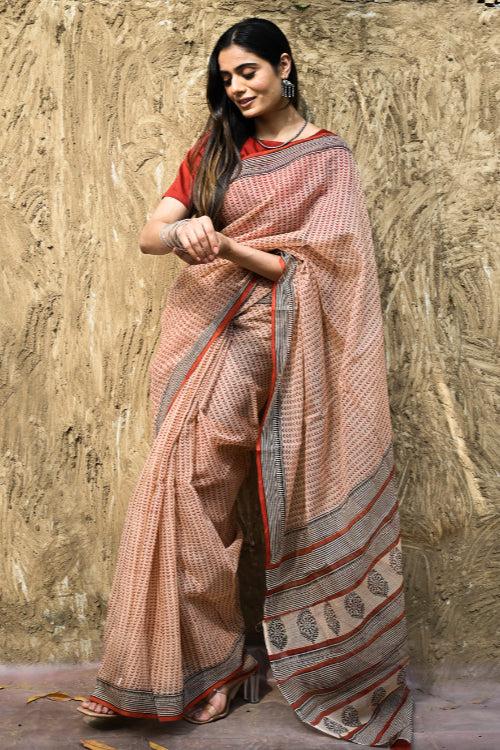 The ICH Bagru Statements : Hand Block Printed Kota Doria Saree - Aruni Rekha