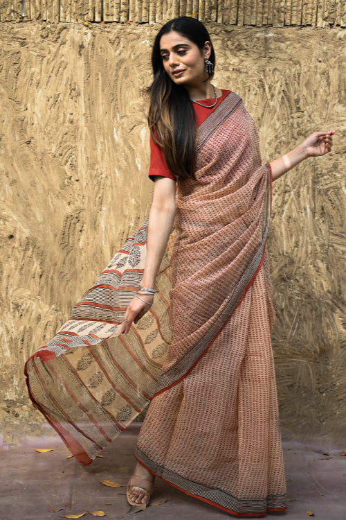 The ICH Bagru Statements : Hand Block Printed Kota Doria Saree - Aruni Rekha