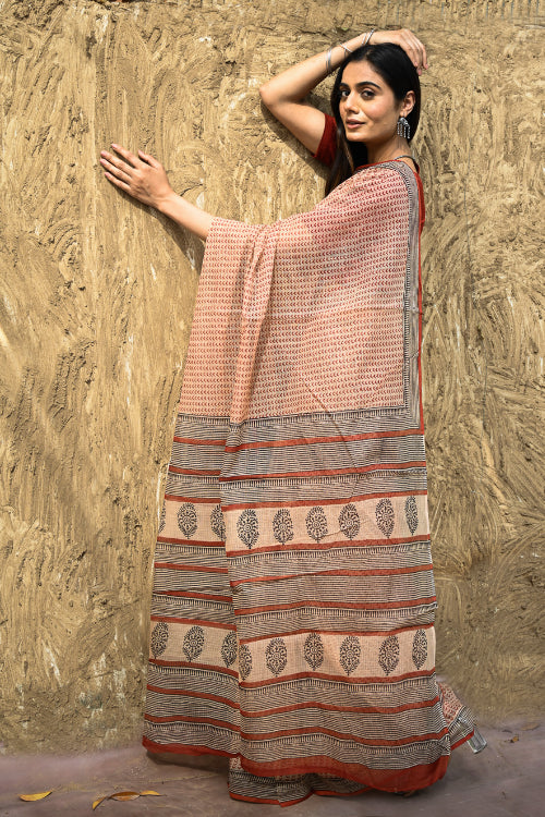 The ICH Bagru Statements : Hand Block Printed Kota Doria Saree - Aruni Rekha