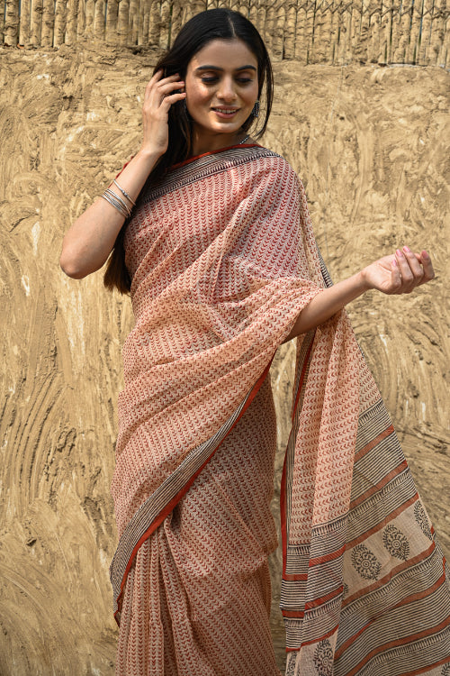 The ICH Bagru Statements : Hand Block Printed Kota Doria Saree - Aruni Rekha