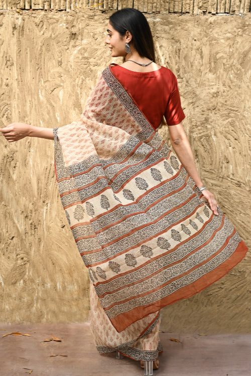The ICH Bagru Statements : Hand Block Printed Kota Doria Saree - Mridu Pallav