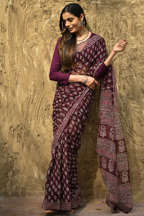 The ICH Dabu Vibes : Hand Block Printed Kota Doria Saree - Rakta Pushpa