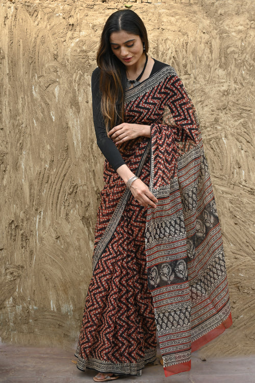 The ICH Bagru Statements : Hand Block Printed Kota Doria Saree - Agni Lahra