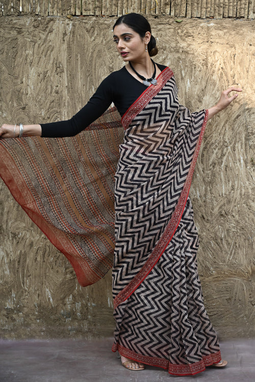 The ICH Bagru Statements : Hand Block Printed Kota Doria Saree - Rekh Vritta