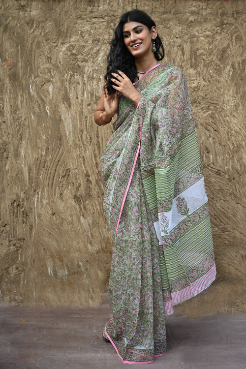 The ICH Sanganer Summers : Hand Block Printed Kota Doria Saree - Harit Vana