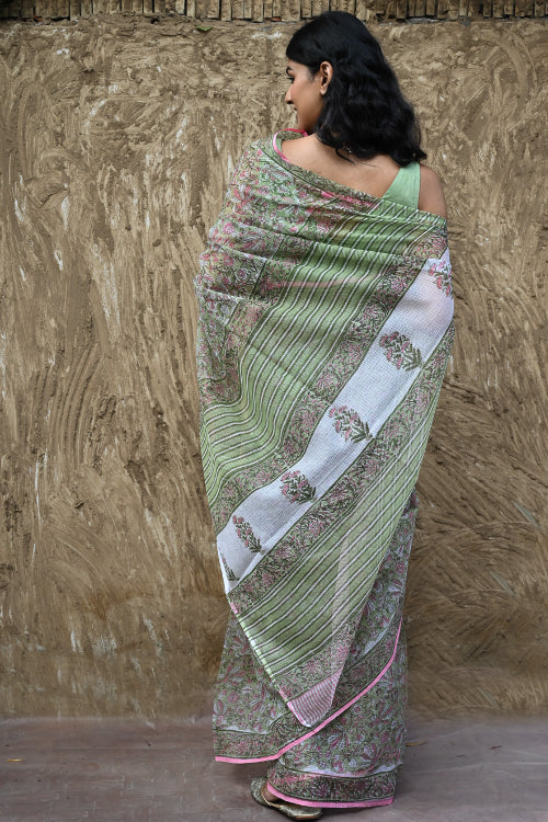 The ICH Sanganer Summers : Hand Block Printed Kota Doria Saree - Harit Vana