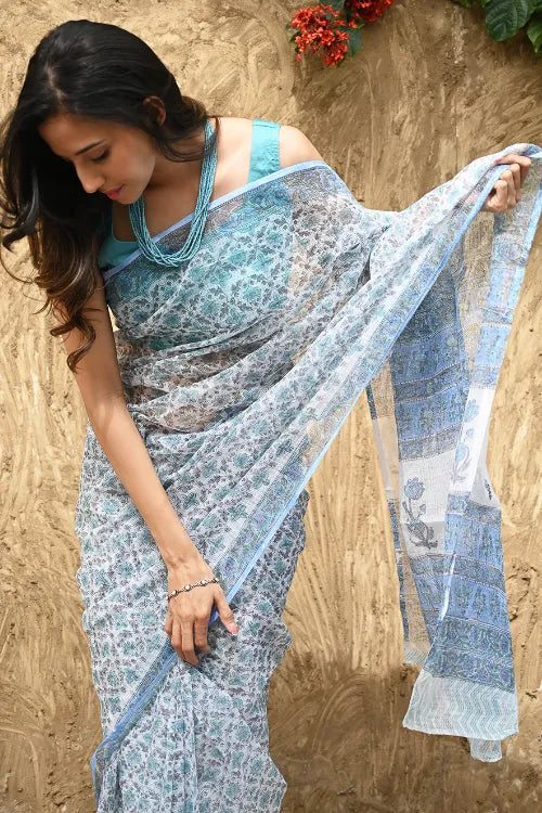 The ICH Sanganer Summers : Hand Block Printed Kota Doria Saree - Turquoise Jaal
