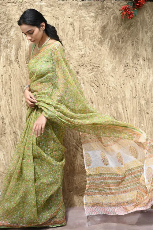 The ICH Sanganer Summers : Hand Block Printed Kota Doria Saree - Shalimar Bagh