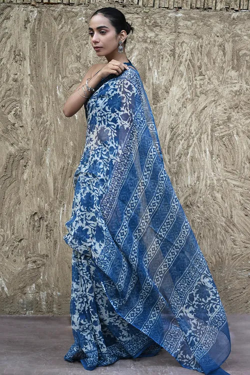 The ICH Sanganer Summers : Hand Block Printed Kota Doria Saree - Indigo Maple