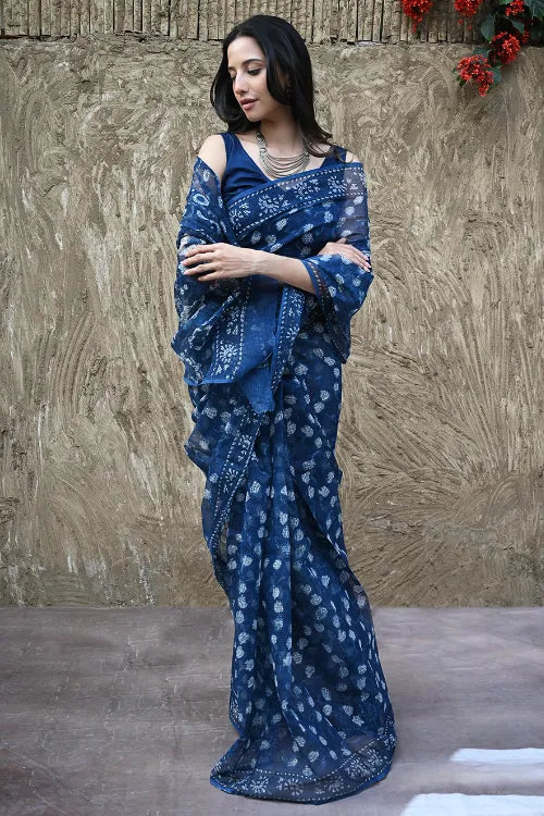 The ICH Sanganer Summers : Hand Block Printed Kota Doria Saree - Indigo Roses