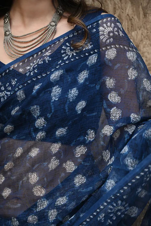 The ICH Sanganer Summers : Hand Block Printed Kota Doria Saree - Indigo Roses