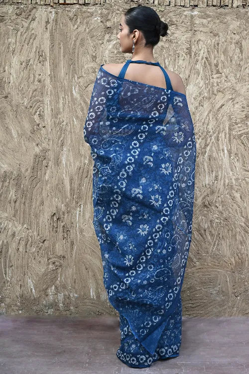 The ICH Sanganer Summers : Hand Block Printed Kota Doria Saree - Indigo Bouquet