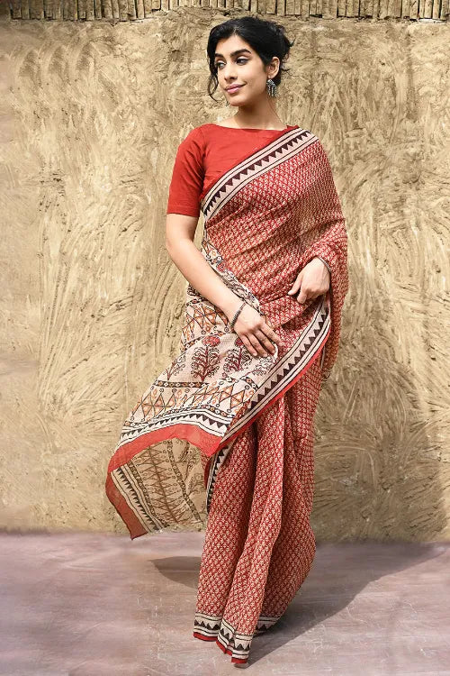 Bagru Statements : Hand Block Printed Kota Doria Saree - Mitti Riwaayat